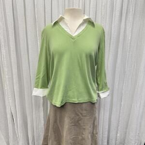 Preppy Boho Indie Light Green Long Sleeve Layered Collar Shirt (L)